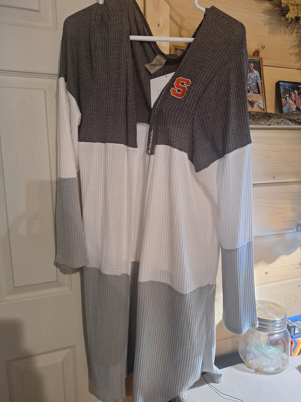 Colorblock Waffle Knit Hooded Cardigan with 'S' Patch